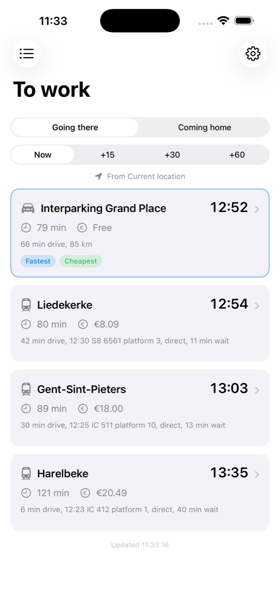 The app listing four ways to reach Brussels, ranked by arrival time, with the car option marked fastest and cheapest.